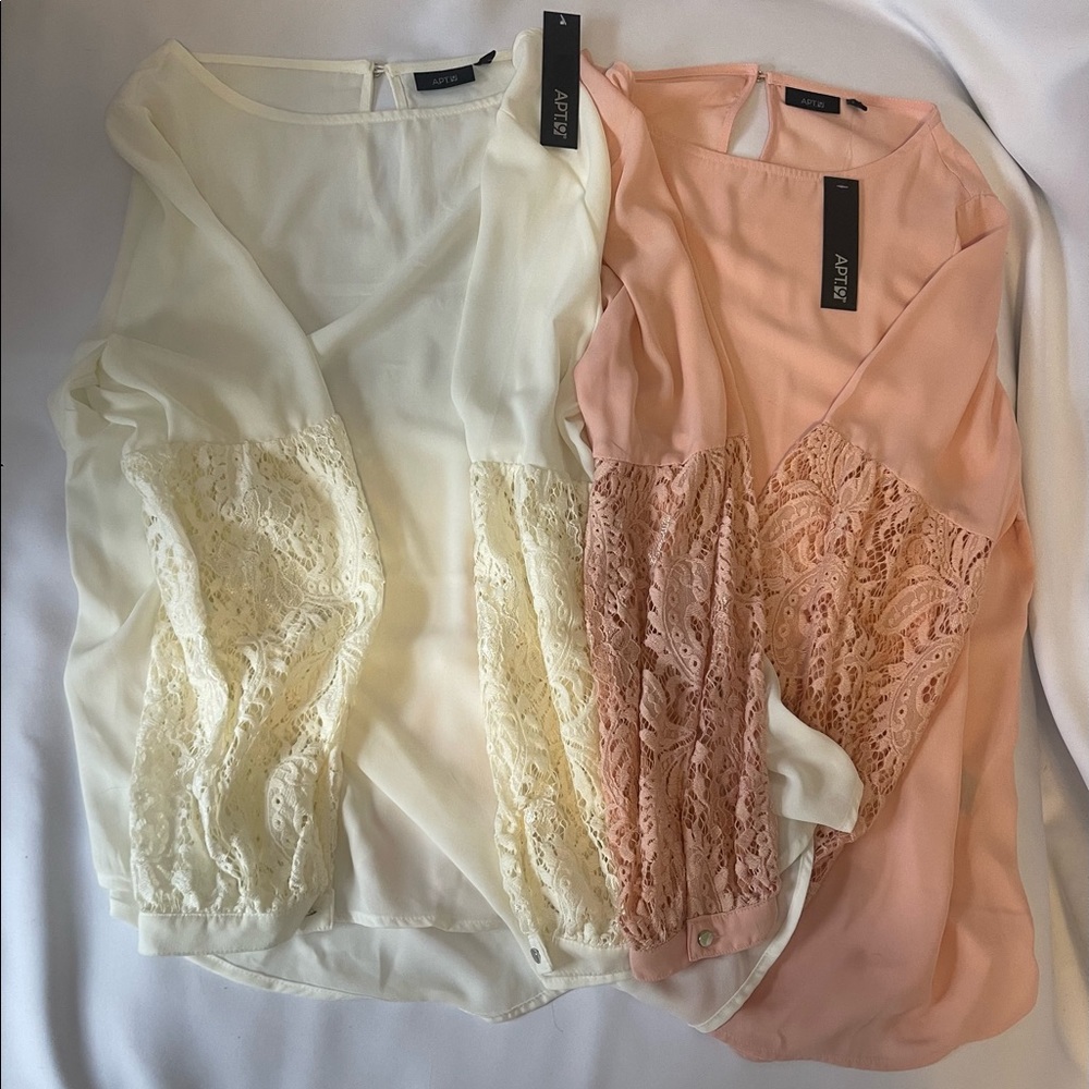 Apt 9: 2 Poet Blouse Bundle w/Lace sleeves - (1) Pink & (1) Cream Sz: LG (NWT)